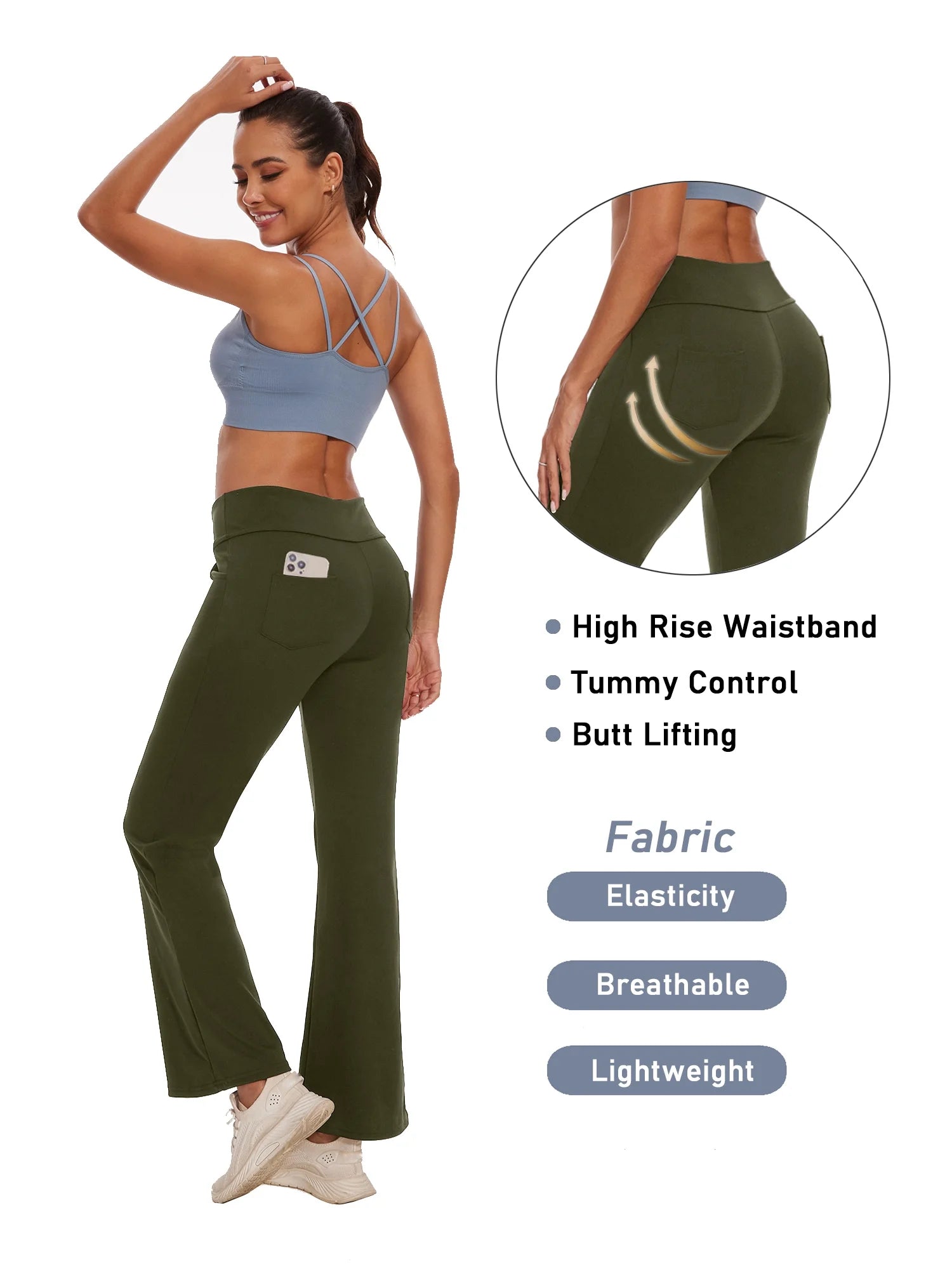 Womens Bootcut Yoga Pants with Pockets Flare Workout Legging High Waist Lightweight Bottoms Activewear Green 3XL