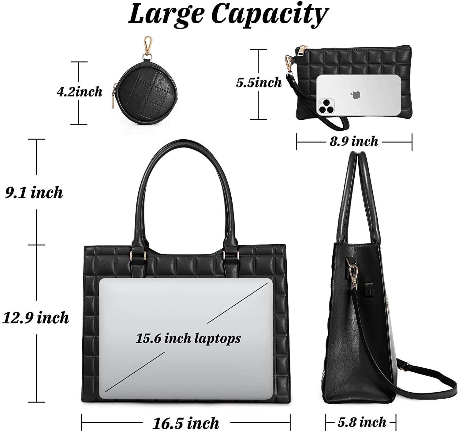 Laptop Tote Bag for Women Waterproof PU Leather Briefcase Computer Bag with Built-In USB Charging Port,Business Office 15.6 Inch Laptop Bag Large Capacity Handbag Satchel Purse 3Pcs Set (Black)